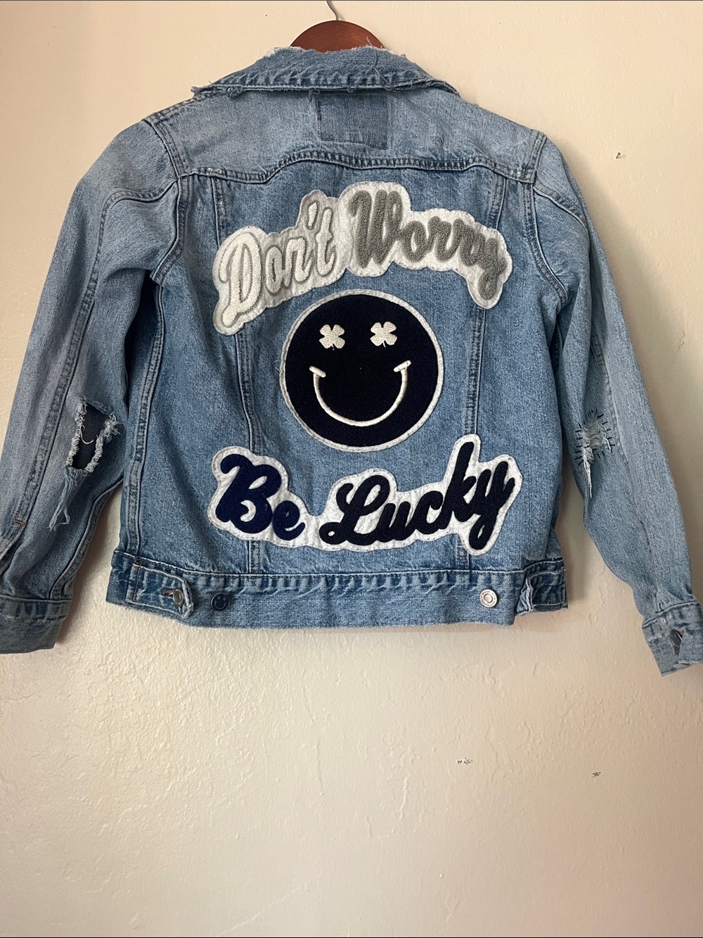 Lucky Brand Light Blue Denim Jacket with Smiley Back Patches